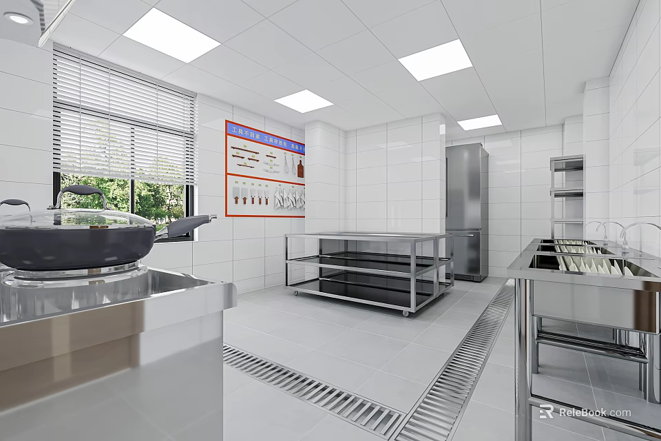 Modern Commercial Kitchen With Open Layout Stainless Steel Workbench And Tile Walls 3d model 