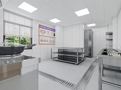 Modern Commercial Kitchen With Open Layout Stainless Steel Workbench And Tile Walls 3d model
