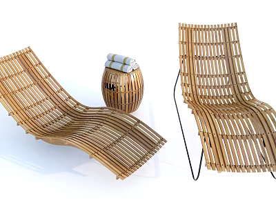 Woven Rattan Outdoor Chairs With Curved Design And Side Table For Patio Relaxation 3d model