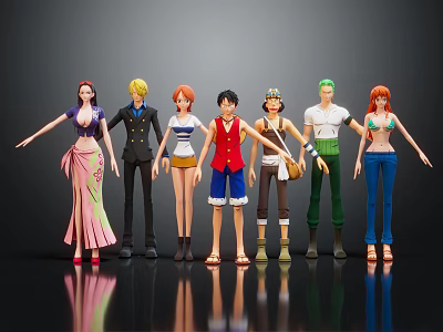 Multiple Anime Character Figures In Standing Poses With Various Outfits On Dark Background 3d model