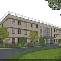 Modern Office Building Exterior With Glass Entrance Lush Trees Lawn Driveway And Parked Car