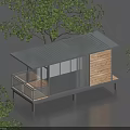 Modern Container Building with Metal Roof Wooden Wall Glass Panels Balcony Surrounded by Trees