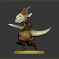 Small Horned Game Movie Character Holding Sword Standing On Green Circular Base