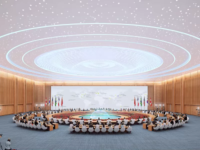 International Conference Hall With Circular Tables Flags Screen And Ceiling Lights 3d model