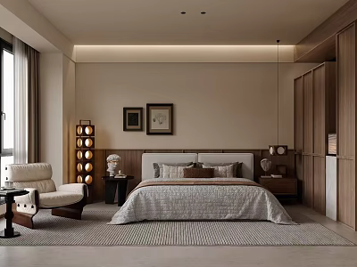 Modern Minimalist Bedroom Interior With Cozy Bed Decorative Paintings Nightstand And Floor Lamp 3d model
