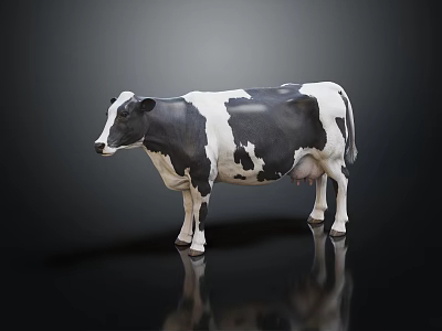 3D Rendered Black And White Cow Standing On Dark Background With Reflection 3d model