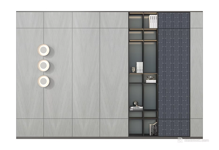 Modern Sofa Background Wall With Light Gray Wood Texture Circular Lamps And Dark Shelves 3d model 