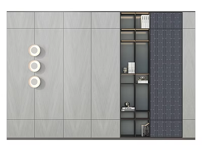 Modern Sofa Background Wall With Light Gray Wood Texture Circular Lamps And Dark Shelves 3d model