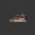 Cartoon Miniature Scene of Traditional Chinese Architecture With Curved Roofs Pond Small Bridge and Boat