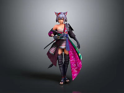 Detailed Anime Cat Ear Warrior Character In Kimono Outfit With Purple Pink Accents And Weapon 3d model