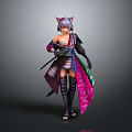 Detailed Anime Cat Ear Warrior Character In Kimono Outfit With Purple Pink Accents And Weapon