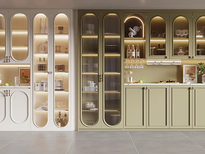 Modern Wine Cabinet with Glass Doors LED Lighting and Wine Bottles Glasses 3d model