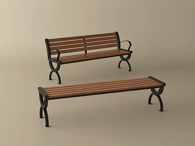 Outdoor Benches With Wooden Seats And Metal Frames Featuring Armrest And Armless Designs 3d model