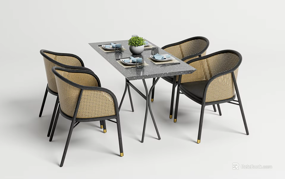Modern Dining Table Set With Marble Top Wicker Chairs Black Metal Frame And Brass Legs 3d model 