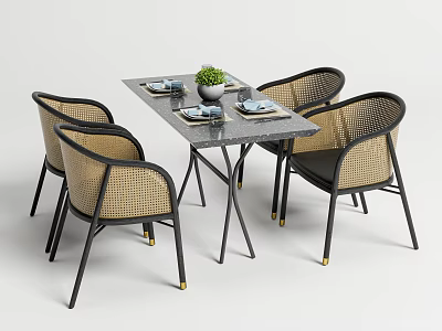 Modern Dining Table Set With Marble Top Wicker Chairs Black Metal Frame And Brass Legs 3d model