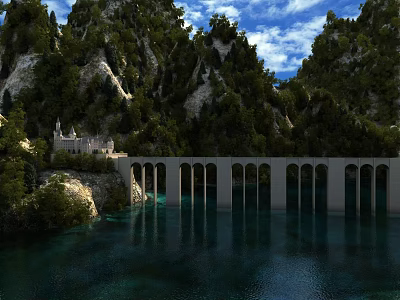 Ancient Castle Scenery With Mountainous Landscape Lush Green Trees Arched Bridge And Water Reflection 3d model