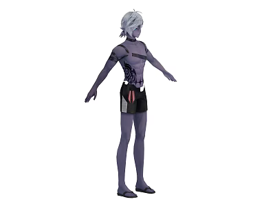 Game and Movie Character With Silver Hair Purple Skin Mechanical Tattoo Black Shorts Standing Pose 3d model