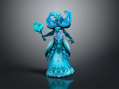 Detailed Blue Fantasy Game Movie Character With Ornate Headdress And Magic Staff 3d model