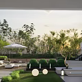 Modern Courtyard Garden Terrace Design With White Umbrella Sofa Coffee Table And Green Plants