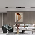 Modern Living And Dining Room Interior With Sofa Dining Table Chairs Pendant Lights And Artwork