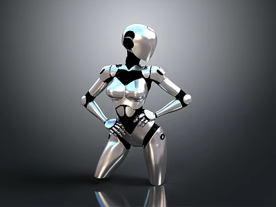 Silver Metallic Robot 3D Model Standing With Hands On Hips And Shiny Surface 3d model