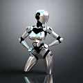 Silver Metallic Robot 3D Model Standing With Hands On Hips And Shiny Surface