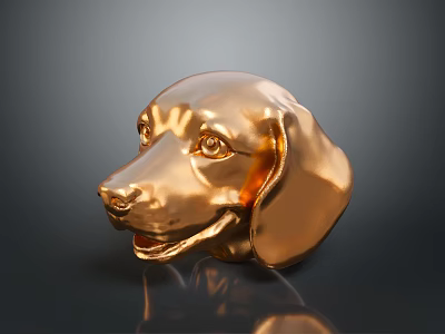 Golden Shiny Dog Head Sculpture With Intricate Facial Details And Glossy Finish 3d model