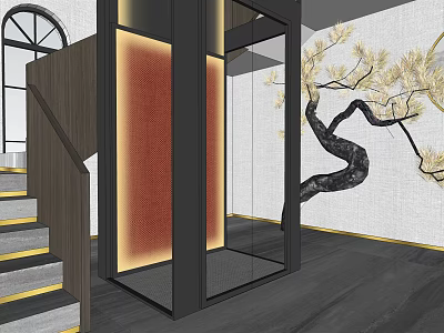 Modern Elevator Corridor Interior Design With Glass Elevator Staircase And Golden Pine Tree Wall 3d model