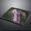 3D Volcano Terrain Model With Square Base Green Vegetation And Purple Lava Traces
