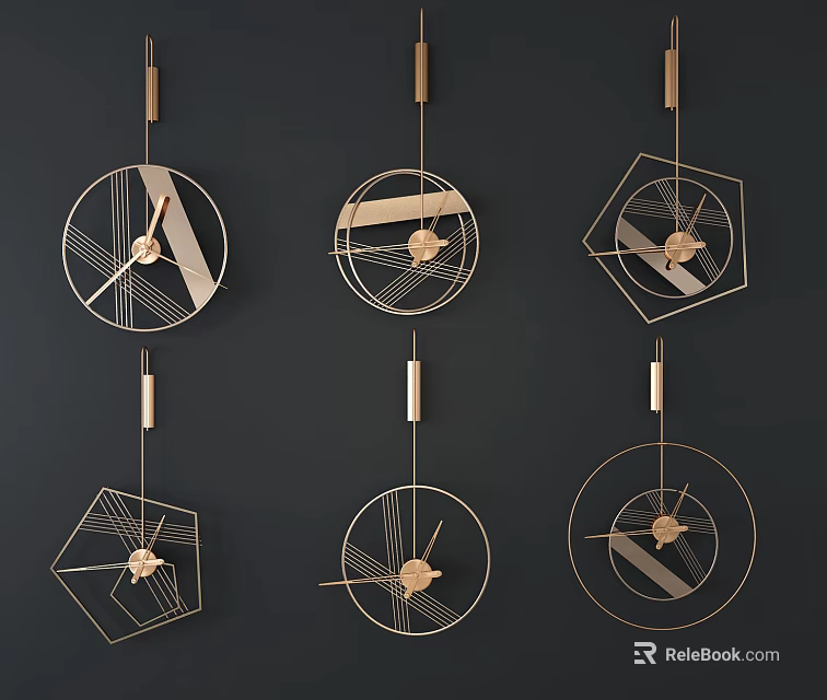 Stylish Modern Geometric Wall Clocks Featuring Gold Frame on Black Background 3d model