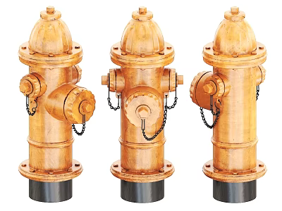 Three Golden Brass Fire Hydrants With Chains For Fire Safety Equipment 3d model