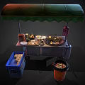 Traditional Mobile Street Food Cart With Green Awning Selling Stinky Tofu And Chinese Signage