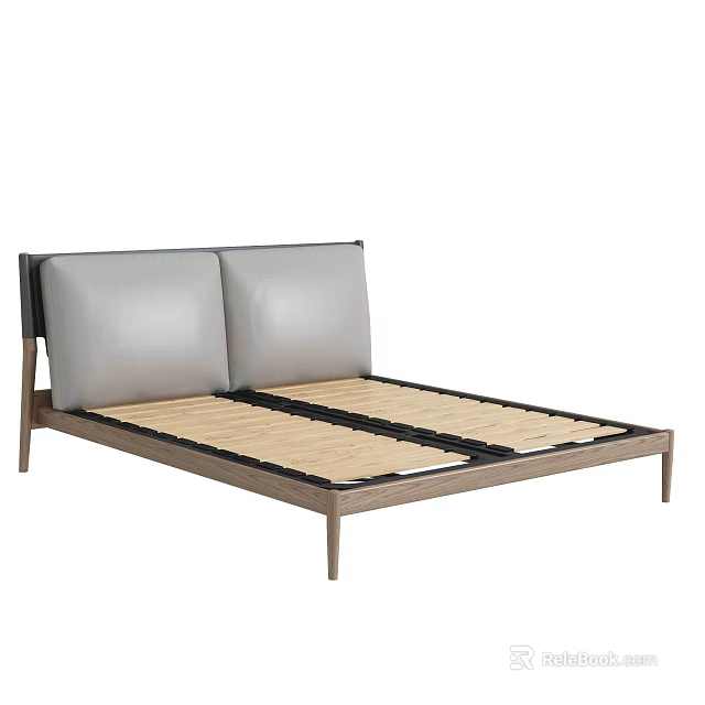 Minimalist Double Bed With Wooden Frame And Gray Upholstered Headboard Slatted Base 3d model 