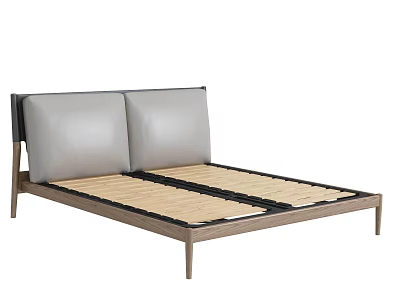 Minimalist Double Bed With Wooden Frame And Gray Upholstered Headboard Slatted Base 3d model