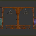Ornate Wooden Structure With Colorful Banners Hanging Lanterns And Small Stools