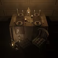Elegant Table and Chair Set with Linen Tablecloth Glassware Dinnerware Candles and Lanterns