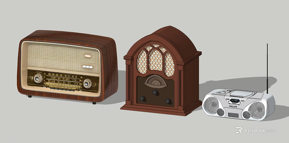 Vintage Wooden Radio And Retro Brown Speaker With Small White Bluetooth Device 3d model 