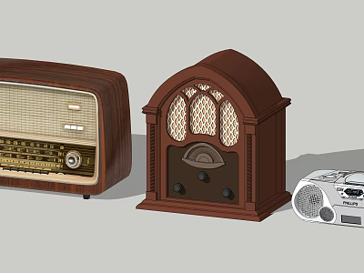 Vintage Wooden Radio And Retro Brown Speaker With Small White Bluetooth Device 3d model