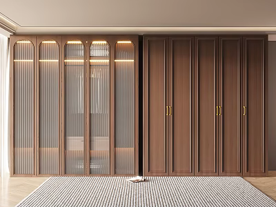 Modern Wooden Wardrobe Design With Glass Doors And Gold Handles Interior 3d model