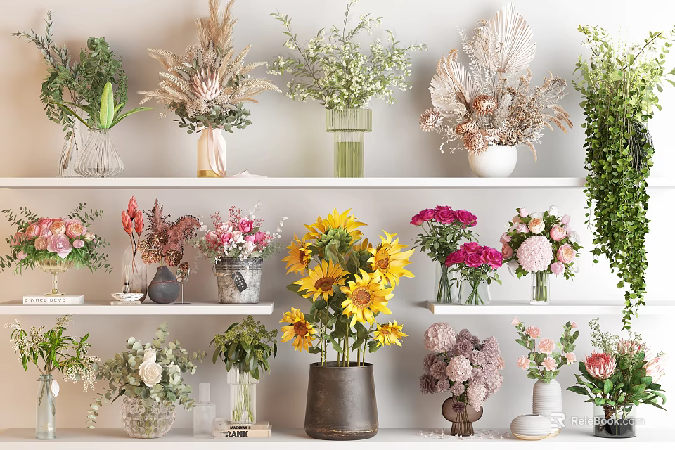 Beautiful Flower Vases With Sunflowers Pink Red Flowers And Dried Plants On White Shelves 3d model 