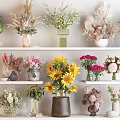 Beautiful Flower Vases With Sunflowers Pink Red Flowers And Dried Plants On White Shelves