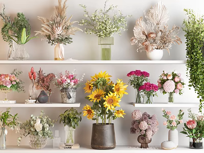 Beautiful Flower Vases With Sunflowers Pink Red Flowers And Dried Plants On White Shelves 3d model