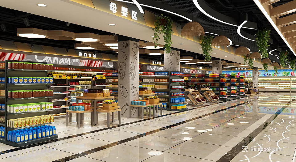 Supermarket Department Store Interior With Maternity and Baby Area Various Product Shelves and Green Plants 3d model 