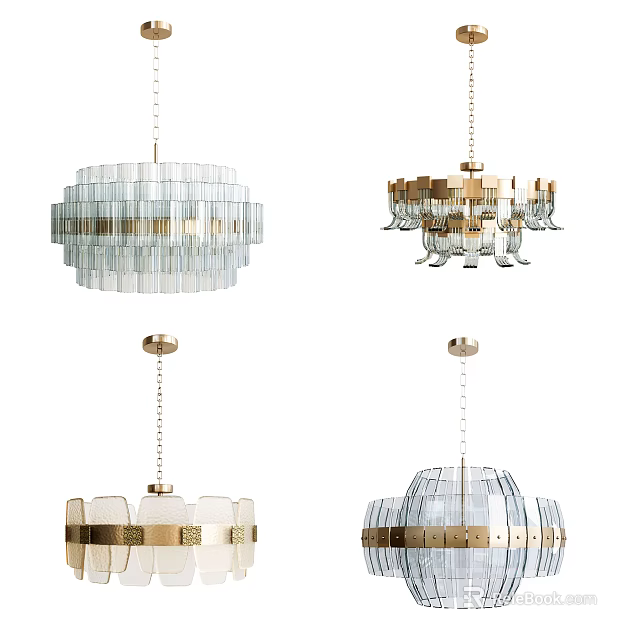 Various Modern Decorative Chandeliers With Glass Elements And Gold Metal Frames 3d model