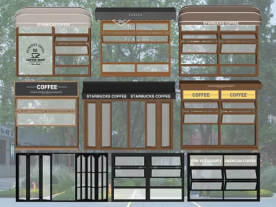 Various Coffee Shop Storefront Designs With Colorful Awnings Glass Windows And Coffee Signs 3d model
