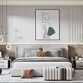 Modern Bedroom Interior With Bed Artwork Pendant Lights Nightstands Curtains And Rug