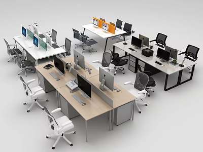 Modern Office Workspace With Multiple Work Desks Computers Monitors And Ergonomic Chairs 3d model