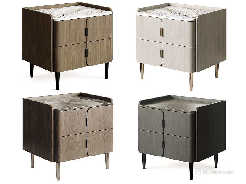 Modern Bedside Tables With Marble Tops Wood Cabinets And Metal Legs In Multiple Colors 3d model 