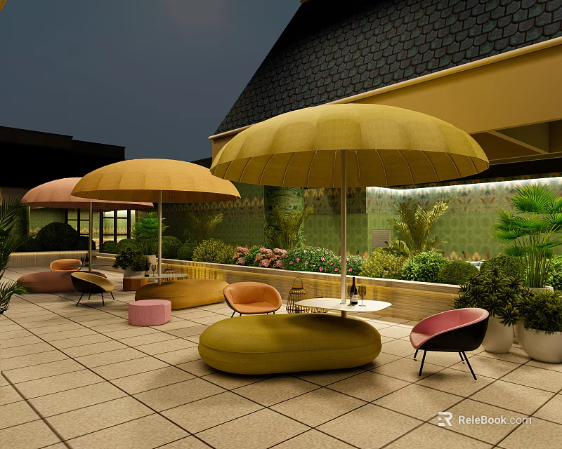 Stylish Outdoor Sofa Setup With Yellow Umbrellas Green Plants And Paved Patio 3d model 