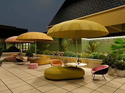 Stylish Outdoor Sofa Setup With Yellow Umbrellas Green Plants And Paved Patio 3d model